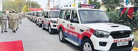 Delhi Police vehicles stand in a row after MoS Home Affairs G Kishan Reddy inaugurated the Emergency Response Support (ERSS) and PRAKHAR (Street Crime Patrols) in New Delhi| ( File Photo | PTI )