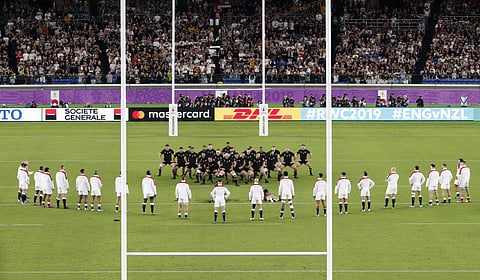England players watch the All Blacks perform their haka during the Rugby World Cup semifinal at International Yokohama Stadium between New Zealand and England in Yokohama, Japan. (Photo | AP)