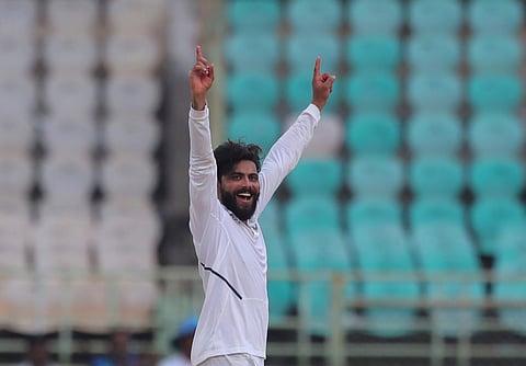 Ravindra Jadeja celebrates the wicket of Dean Elgar (Photo | AP)