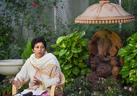 Congress' Haryana unit President Kumari Selja addresses a press conference in New Delhi. (Photo | PTI)