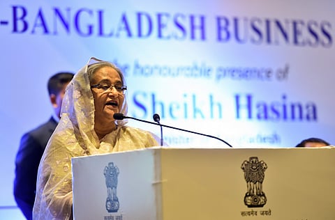 Bangladeshi Prime Minister Sheikh Hasina addresses the India-Bangladesh Business Forum IBBF in New Delhi on Friday. (Photo | PTI)