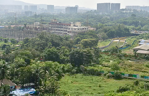 An aerial view of the Metro-car shed area where environment conservation activists have been opposing the cutting of trees by the authorities in Mumbai (Photo| PTI)