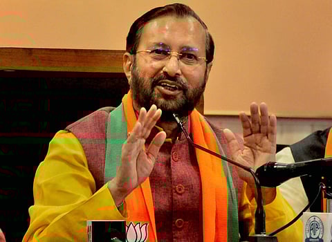 Union minister and BJP leader Prakash Javadekar addresses a press conference at the party office in Lucknow (Photo | PTI)