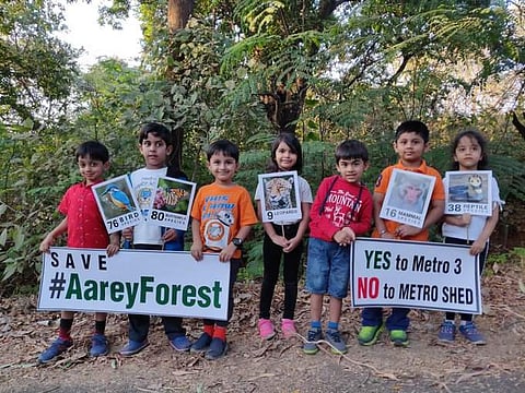 Children protest against the proposed metro project in Mumbai's Aarey Colony (Photo | Aarey Forest Twitter)