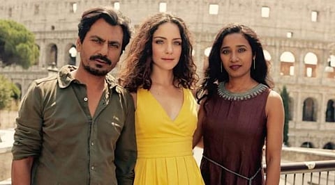 Actors Nawazuddin Siddiqui and Valentina Corti with 'Roam Rome Mein' director Tannishtha Chatterjee.
