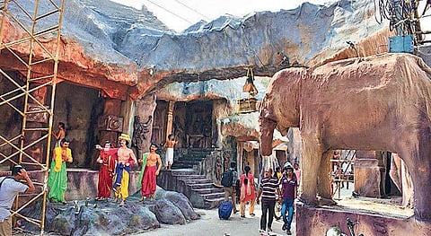 Ajanta-Ellora caves replica at Old Station Bazaar Durga puja
