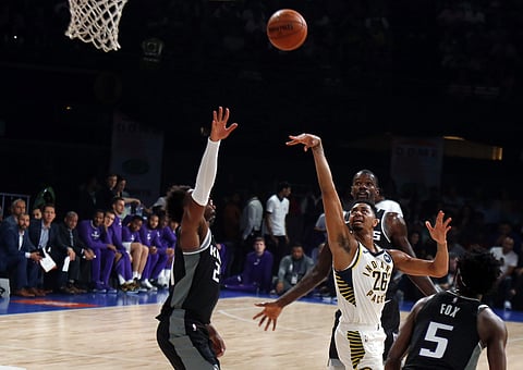 Indiana Pacers player Jeremy Lamb, white, plays against Sacramento Kings at the NBA India Games 2019. (Photo | AP)
