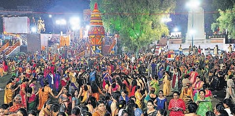 Thousands of women gather to give a grand farewell to Bathukamma at Tank Bund in Hyderabad on Sunday |S senbagapandiyan
