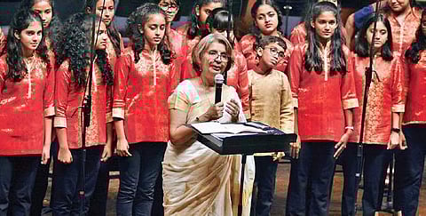 Nirupama Rao with the orchestra ensemble which consisted of cellos, violas, flutes, clarinets, bassoons, trumpets and percussion| Shriram BN