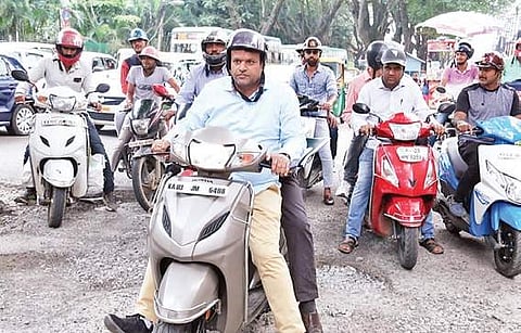 Mayor Goutham Kumar hopped on to a scooter for his first city round on Sunday| Express