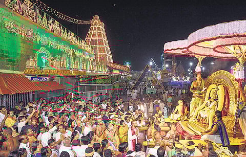 The processional deity of Lord Malayappa Swamy taken atop Chandraprabha Vahanam at Tirumala on Sunday | madhav k