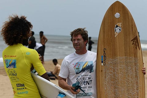 Jonty Rhodes during the Covelong surfing festival. (Photo | AFP)