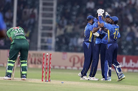 Sri Lankan players celebrate the dismissal of Pakistani batsman Fakhar Zaman during the second Twenty20 match between Pakistan and Sri Lanka in Lahore. (Photo | AP)