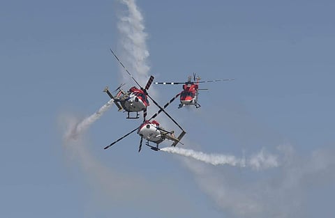 IAF helicopters 'Sarang' perform during the 87th Indian Air Force Day celebrations at Hindon Airbase. (Photo | Parveen Negi, EPS)