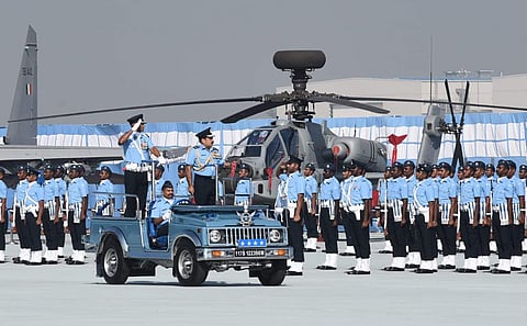 Air Chief Marshal Rakesh Kumar Singh Bhadauria inspect the guard of honour during the 87th Air Force Day at Hindon Air Force Station in Ghaziabad UP on Tuesday. | (Photo | Parveen Negi/EPS)