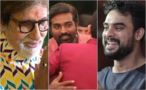 L-R: Actors Amitabh Bachchan, Vijay Sethupathi and Tovino Thomas graced the Navratri puja celebrations hosted by the Kalyanaraman family in their Thrissur home on 7 October 2019.