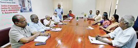 The families evicted for ICTT project presenting their grievances before the People’s Independent Judicial Commission, comprising Justice K Sukumaran, Justice P K Shamsudeen, Prof K Aravindakshan and Fr Romance Antony during its sitting held in Kochi on W