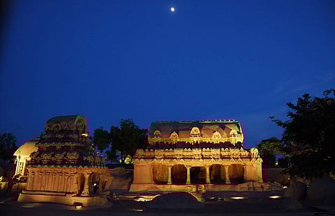 Lighting has been put up at five rathas at mahabalipuram for the Chinese President Xi Jinping to meet PM Modi in Chennai on Oct 11-12 for second informal summit | R.Satish babu