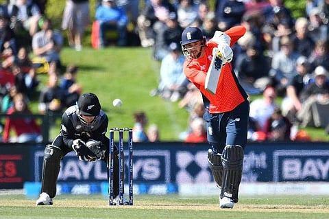 England's James Vince (R) plays a shot as New Zealand's wicketkeeper Tim Seifert reacts during the first Twenty20 cricket match between New Zealand and England at Hagley Oval in Christchurch. (Photo | AFP)
