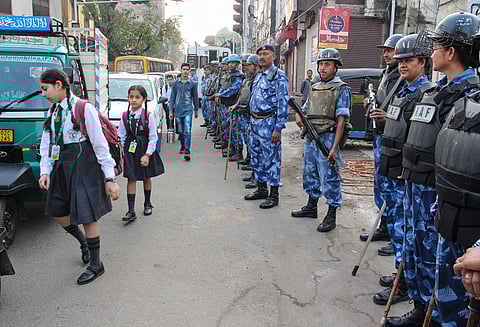 Security personnel stand guard along a road in Jammu on 31 October 2019. (Photo | PTI)