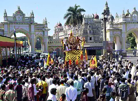 Idol of Goddess Bhuvaneshwari during the Kannada Rajyothsava procession in Mysuru on Friday. (Photo | EPS/Udayshankar S)