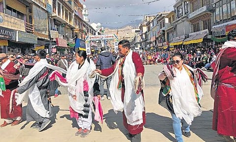 People of Ladakh dance as they celebrate getting UT status in Leh (Photo| PTI)