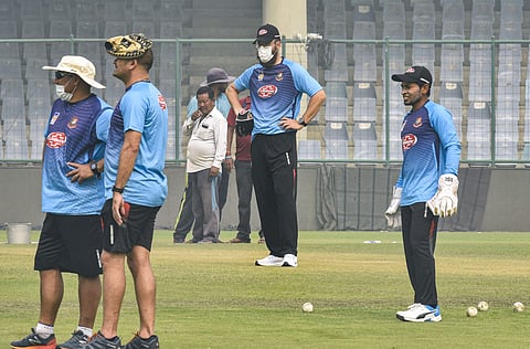 Bangladeshi cricketer Mushfiqur Rahim with coach Daniel Vettori and other support staff members during a practice session at Arun Jaitley Stadium in New Delhi. (Photo | PTI)