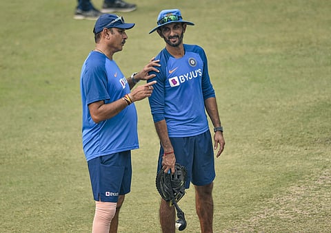 Indian cricket head coach Ravi Shastri and batting coach Vikram Rathour during the practice session at Arun Jaitley Stadium in New Delhi. (Photo | PTI)