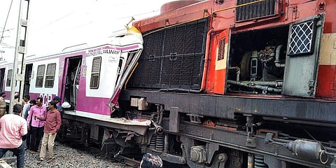 MMTS train had a head on collision with an express train waiting outside the Kacheguda railway station. (Photo | RVK Rao/EPS)