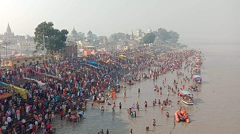 An unprecedented congregation of over five lakh devotees had started swarming the temple town of Ayodhya since Monday evening for the holy dip.