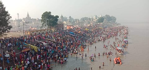 An unprecedented congregation of over five lakh devotees had started swarming the temple town of Ayodhya since Monday evening for the holy dip.