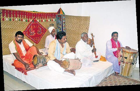 Telangana folk artistes taking part in ‘Adi Dhwani’ musical instruments exhibition at State Art Gallery, Madhapur on Sunday | SATHYA KEERTHI