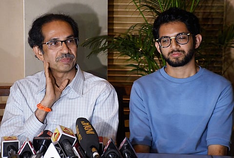 Shiv Sena leader Uddhav Thackeray with son Aaditya in Mumbai. (Photo| PTI)