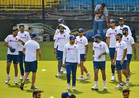 Indian cricket team players during a practice session ahead of their first Test match against Bangladesh in Indore. (Photo | PTI)