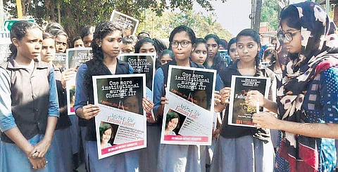SFI members taking out a protest rally in Kollam on Wednesday demanding a fair probe into the death of Fathima. The rally that commenced from Government Women ITI College, Kollam, was led by Fathima’s twin sister Aysha Latheef