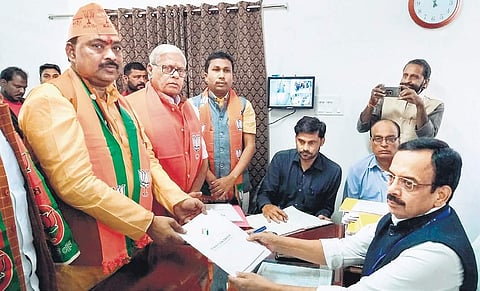 BJP candidate S B Mehta filing his nomination papers from Panki constituency in Palamu, Jharkhand, on Wednesday. | (File | PTI)