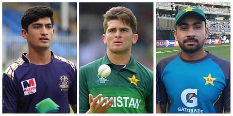From Left: Nasim Shah, Shaheen Afridi and Musa Khan (Photos | Twitter, AFP)