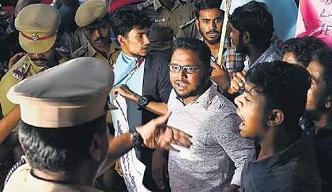 Students staging a protest in Chennai on Wednesday.| (Photo | EPS)