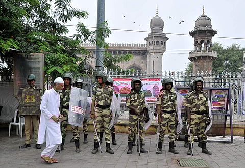 Police force has been deployed around Mecca Masjid areas in Hyderabad. (Photo | EPS/ S Senbagapandiyan)