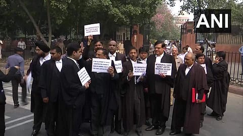 Lawyers protesting outside Supreme Court. (Photo | ANI)