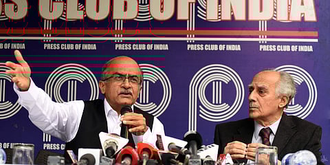 Lawyer Prashant Bhushan addresses a press conference on the Rafale review judgement in New Delhi. (Photo | Parveen Negi, EPS)