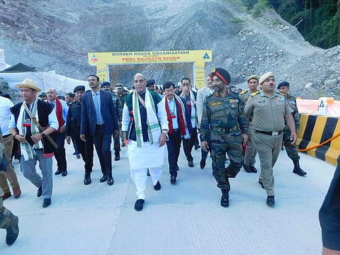 Rajnath Singh at the inauguration of the Sisseri River bridge at Lower Dibang Valley. (Photo | MoD)