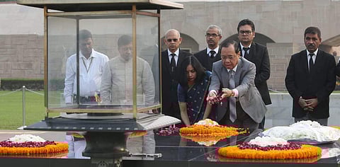 Chief Justice of India Justice Ranjan Gogoi visits the Samadhi of Mahatma Gandhi at Rajghat in New Delhi. (Photo | Shekhar Yadav, EPS)