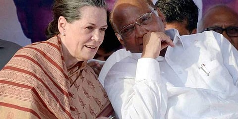 Congress interim president Sonia Gandhi with NCP chief Sharad Pawar. (Photo| PTI)