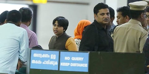 Social activist Trupti Desai (in yellow kurta) at the Kochi airport in 2018. (File Photo)