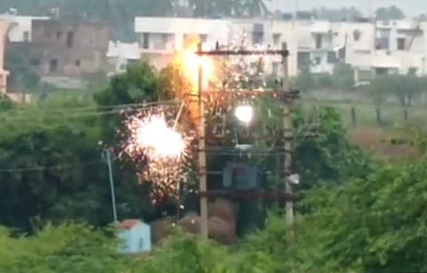 Five jumbos brushing against an electric transformer stay wire setting off sparks at Kennedy Nagar in Kovai on Saturday | SPECIAL ARRANGEMENT