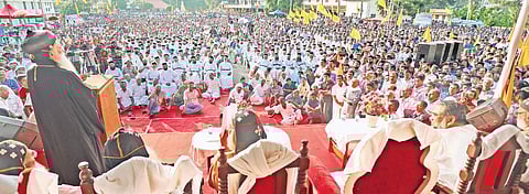 Catholicos Baselios Marthoma Paulose II speaking at the protest meet at Kolencherry| Express
