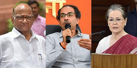 NCP chief Sharad Pawar, Shiv Sena chief Uddhav Thackeray and Congress interim chief Sonia Gandhi (Photo | PTI)