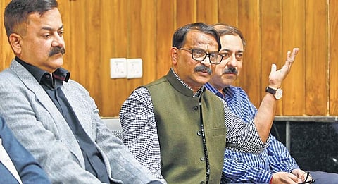 Professors of Jawaharlal Nehru University address a press conference on the students’ protest against hostel fee hike in the university at Gomti Guest House in New Delhi on Sunday | Arun Kumar