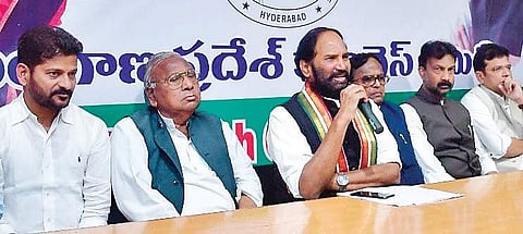 TPCC president Uttam Kumar Reddy speaks to the media at Gandhi Bhavan in Hyderabad.